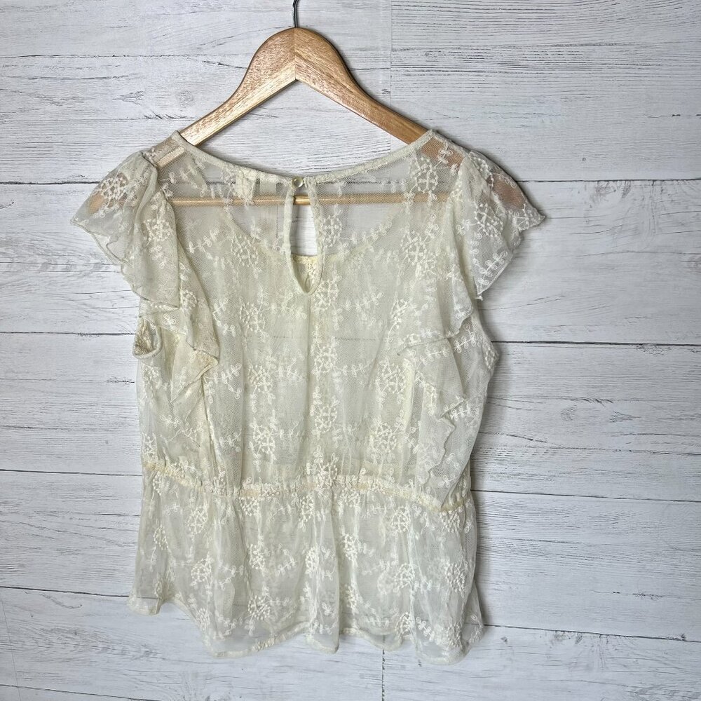 Adiva Top Womens Size Small Ivory Lace Floral Mesh Flutter Sleeves Peplum Ruffle - Picture 11 of 16